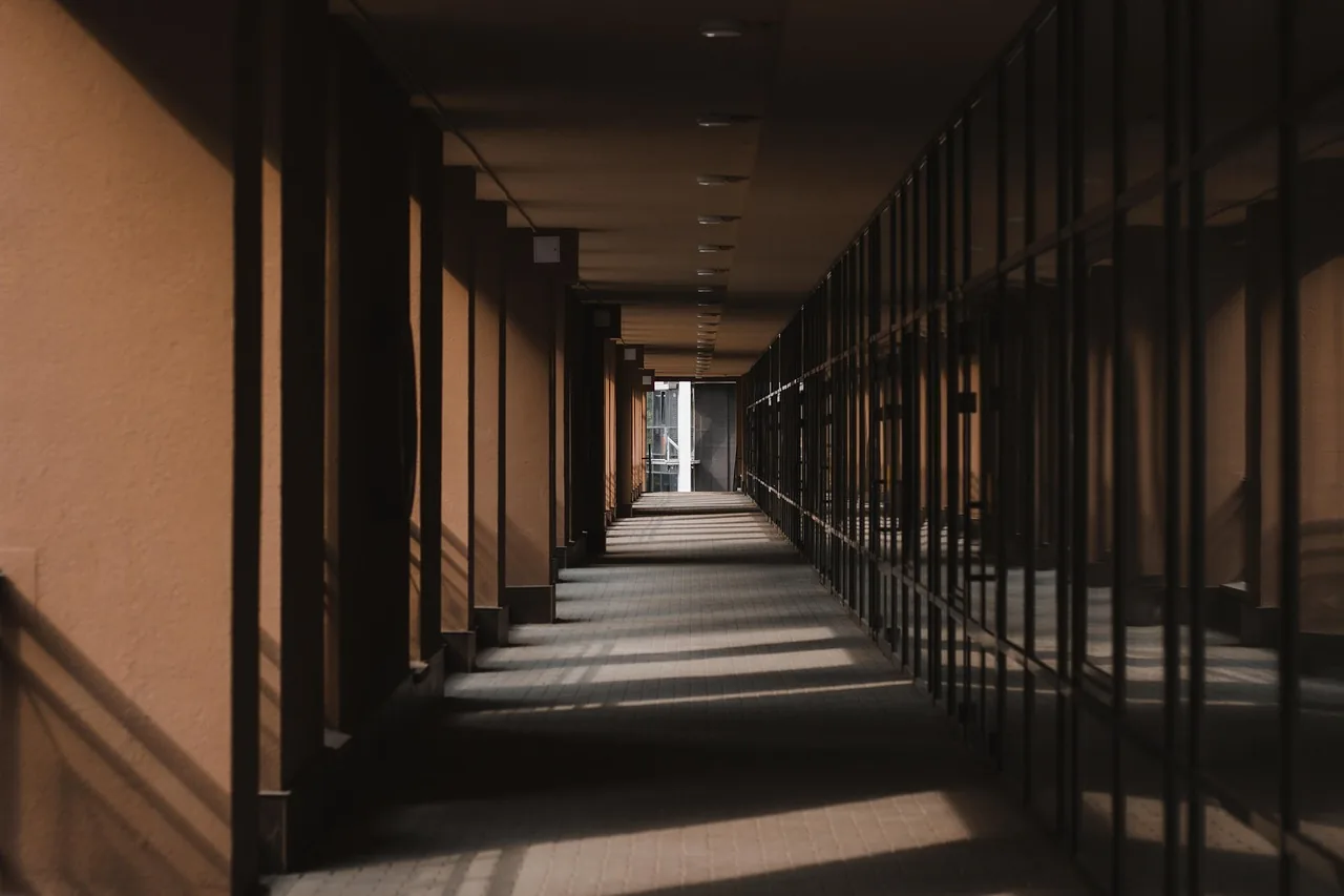 Couloir d'un immeuble de bureaux, baigné d'une lumière rasante
